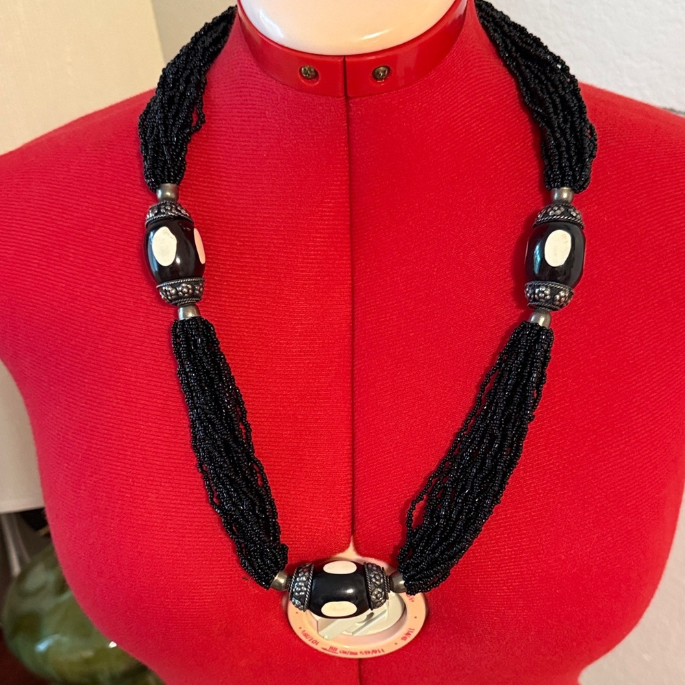 Black Seed Bead Statement Necklace with Inlay Accents
